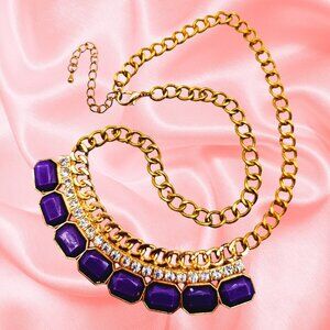 Purple Statement Necklace Gold Tone Chain Crystal Accent